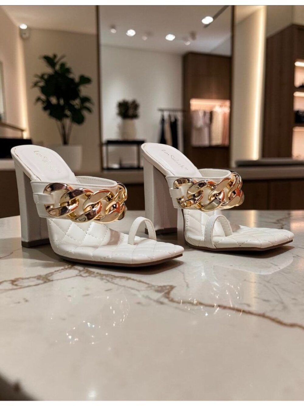 Quilted Chain-Embellished High Heel White Sandals With Square Toe Design